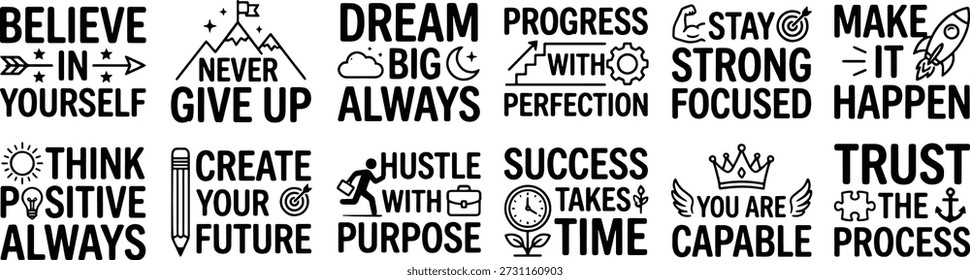 Conjunto de Tipografia de Citação Motivacional com Believe Dream Big Hustle Sucesso e Ícones de Crescimento Pessoal para Cartazes de Marca e Vestuário