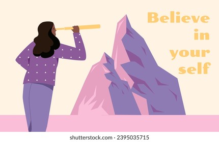 Motivational quotes concept. Woman look through telescope at mountain. Believe in yourself. Motivation and aspiration, goals. Success and leadership. Cartoon flat vector illustration