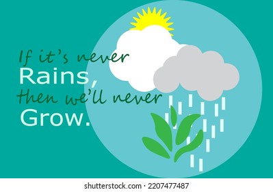 Motivational quotes, if it's never rains, then we'll never grow, with sun, clouds , rains and plant vector.