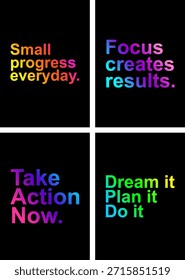 Conjunto de citas motivacionales con tipografía de gradiente en negrita sobre fondo negro para el éxito y la productividad