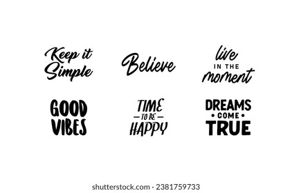 Motivational quotes. Set of positive vibes messages. Love yourself, be grateful, live the moment.