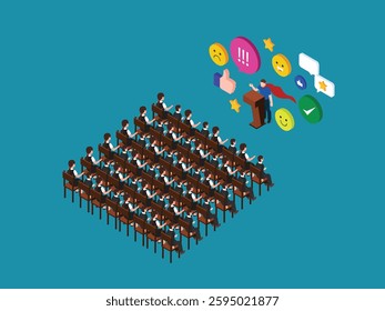 Motivational Speaker Addressing an Engaged Audience 3d flat vector illustrations