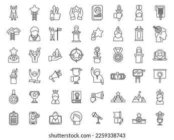 Motivational speaker icons set outline vector. Human seminar. Speech orator