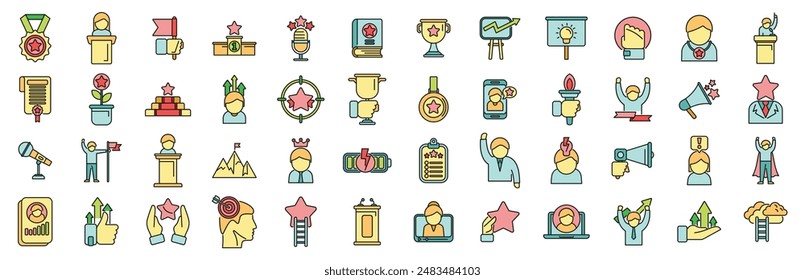Motivational speaker icons set outline vector. Human seminar. Speech orator thin line color flat on white