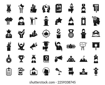 Motivational speaker icons set simple vector. Human seminar. Speech orator