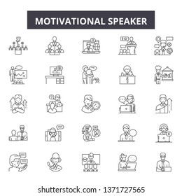 Motivational speaker line icons, signs set, vector. Motivational speaker outline concept, illustration: speaker,business,motivation,speech,communication,leadership,meeting