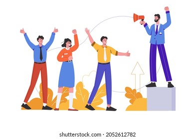 Motivational speaker with megaphone speaks inspiring speech to people. Leader at meeting, scene isolated. Motivation and achievement of career goals concept. Vector illustration in flat minimal design