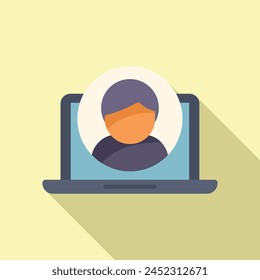 Motivational speaker online laptop call icon flat vector. Training performance. Stage candidate