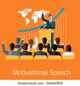 Motivational speech concept design. Business seminar, speaker presentation, microphone and meeting, professional talk training, conference and motivation, public and audience illustration