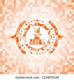 motivational speech icon inside abstract orange mosaic emblem with background
