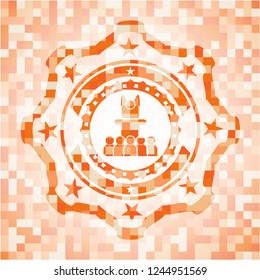 motivational speech icon inside abstract orange mosaic emblem