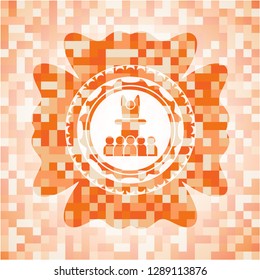 motivational speech icon inside abstract orange mosaic emblem with background