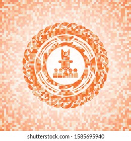motivational speech icon inside abstract emblem, orange mosaic background