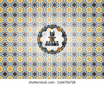 motivational speech icon inside arabesque emblem background. arabic decoration.