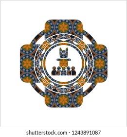 motivational speech icon inside arabesque emblem background. arabic decoration.