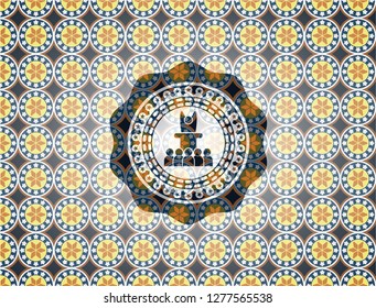 motivational speech icon inside arabesque emblem background. arabic decoration.