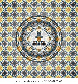 motivational speech icon inside arabic emblem background. Arabesque decoration.