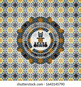 motivational speech icon inside arabic style emblem. Arabesque decoration.