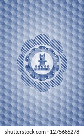 motivational speech icon inside blue emblem with geometric background.