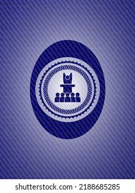 motivational speech icon inside emblem with denim high quality background. 