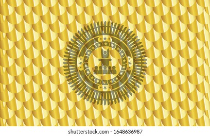 motivational speech icon inside golden emblem or badge. Scales pattern. Vector Illustration. Detailed.