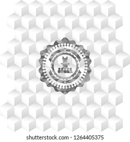 motivational speech icon inside grey emblem. Retro with geometric cube white background