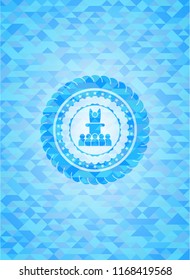 motivational speech icon inside light blue emblem with mosaic ecological style background