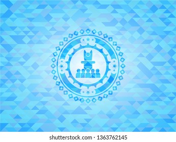 motivational speech icon inside light blue emblem with triangle mosaic background