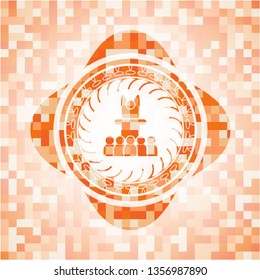 motivational speech icon inside orange mosaic emblem with background