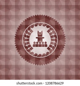 motivational speech icon inside red seamless emblem with geometric pattern background.