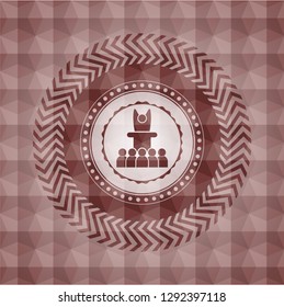 motivational speech icon inside red seamless polygonal badge.