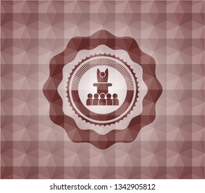 motivational speech icon inside red seamless badge with geometric pattern.