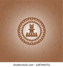 motivational speech icon inside retro style wooden emblem