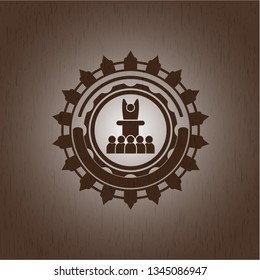 motivational speech icon inside retro style wood emblem