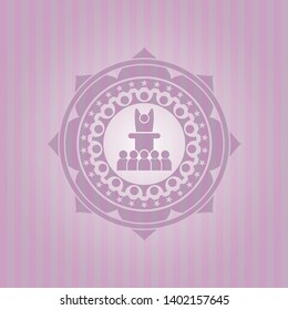 motivational speech icon inside retro pink emblem
