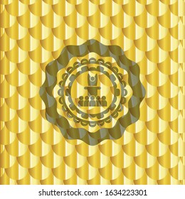 motivational speech icon inside shiny golden emblem. Scales pattern. Vector Illustration. Detailed.