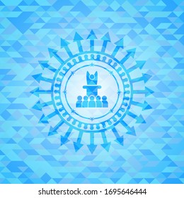 motivational speech icon inside sky blue emblem with mosaic background