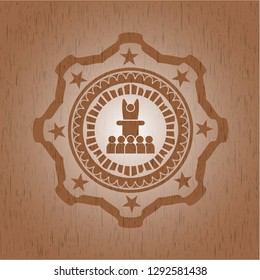 motivational speech icon inside wood emblem. Retro