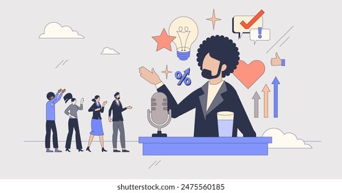 Motivational speech for staff empowerment tiny person neubrutalism concept. Public speaker for employee motivation growth and inspiration to work with better profit results vector illustration.