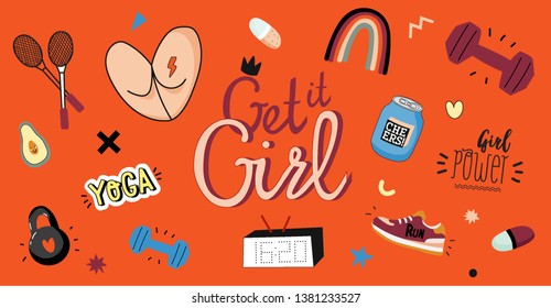 Motivational sport and fitness illustration made in doodle style including trendy inspirational quote and cool stylized elements. Vector. Color background