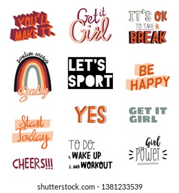 Motivational sport and fitness lettering made in doodle style including trendy inspirational quote and cool stylized elements. Vector. Isolated on white background