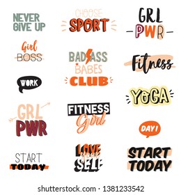 Motivational sport and fitness lettering made in doodle style including trendy inspirational quote and cool stylized elements. Vector. Isolated on white background