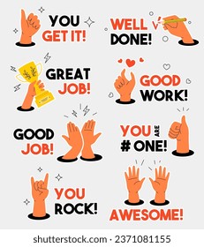 Motivational sticker set with human hands. Vector approval phrases such as Good Job or Well Done. 