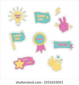 Motivational sticker set in modern flat style. Includes badges, flags, stars, and hand gestures with phrases like 'Good Job' and 'Great'. Perfect for rewards, education, or creative projects.