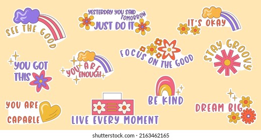 Motivational Stickers groovy retro set. inspirational sticker with slogan and flower, rainbow, heart and text. Y2k positive groovy badge. Vector illustration