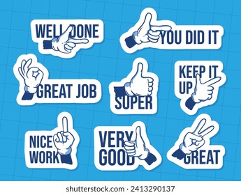 Motivational stickers with pointing hand and inspirational phrase design template set vector illustration. Positive vibe motivation quote motto well done you did it great job super nice work very good