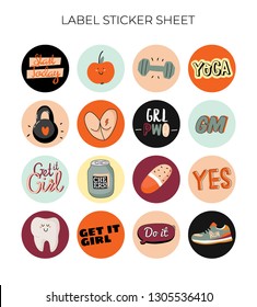 Motivational stickers with sport and fitness elements made in doodle style including trendy quotes and cool stylized prints. Vector. White background.