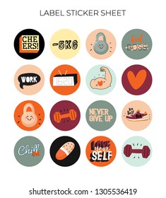 Motivational stickers with sport and fitness elements made in doodle style including trendy quotes and cool stylized prints. Vector. White background.