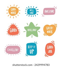 Motivational stickers vector illustrations. Good job well done great work cartoon stickers.