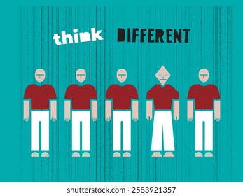 Motivational Style Comic Concept with Five People where One Differs in Body Parts Standing in Line and Think Different Lettering - Black and White on Turquoise Background - Vector Flat Graphic Design